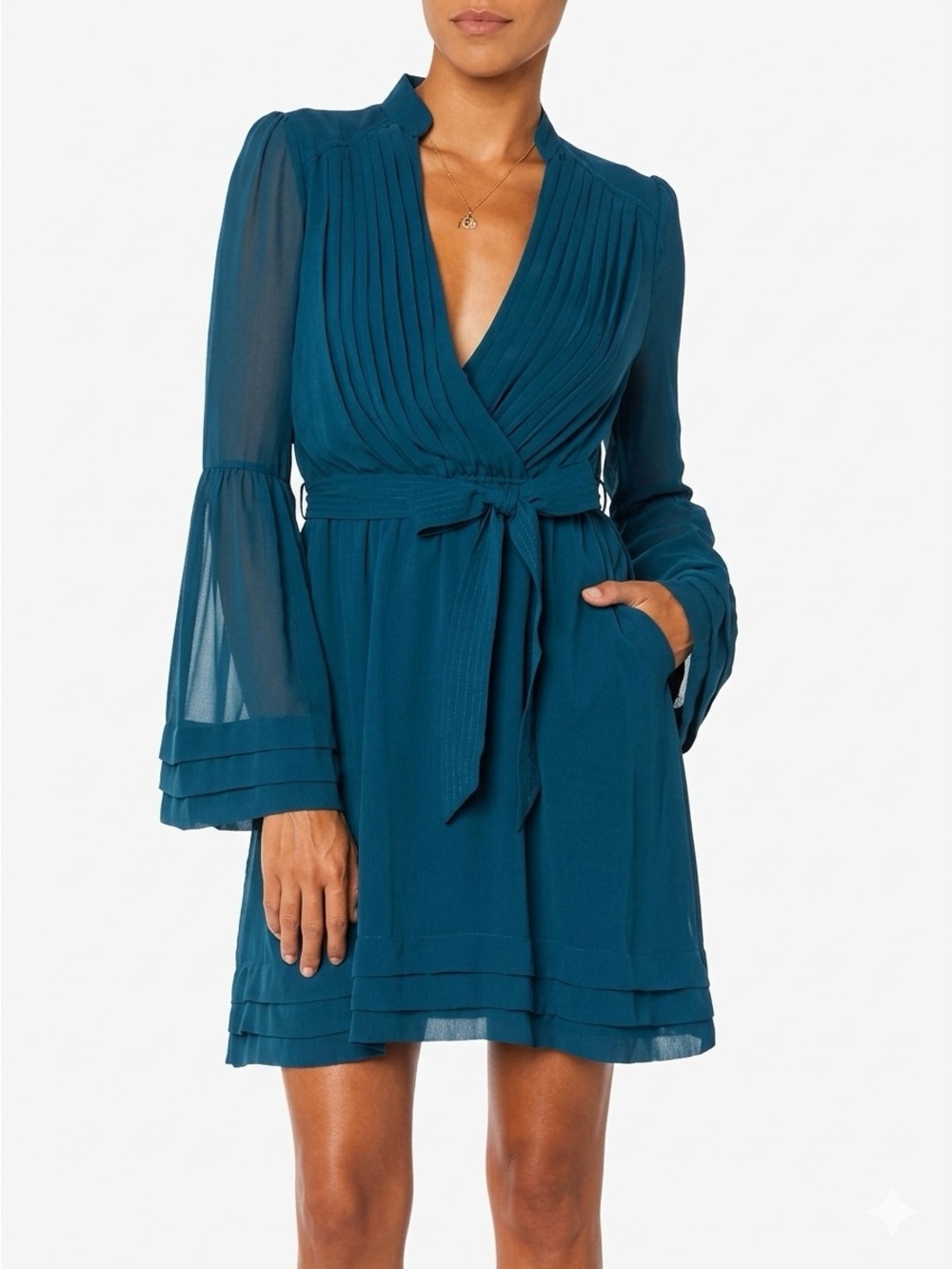 Love Riche Teal Pleated Chiffon Faux Wrap Mini Dress With Pockets Lg NWT